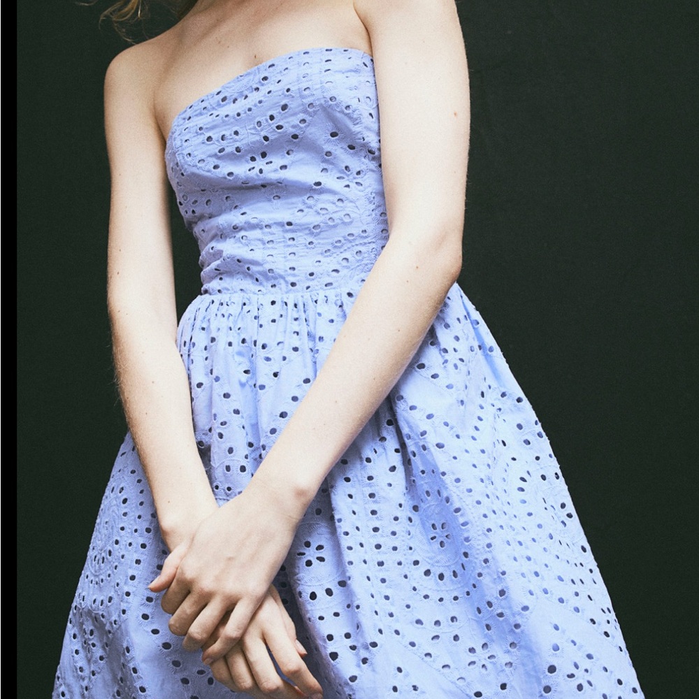 H&M Strapless Babydoll Midi Eyelet Dress in Soft Blue NWT S